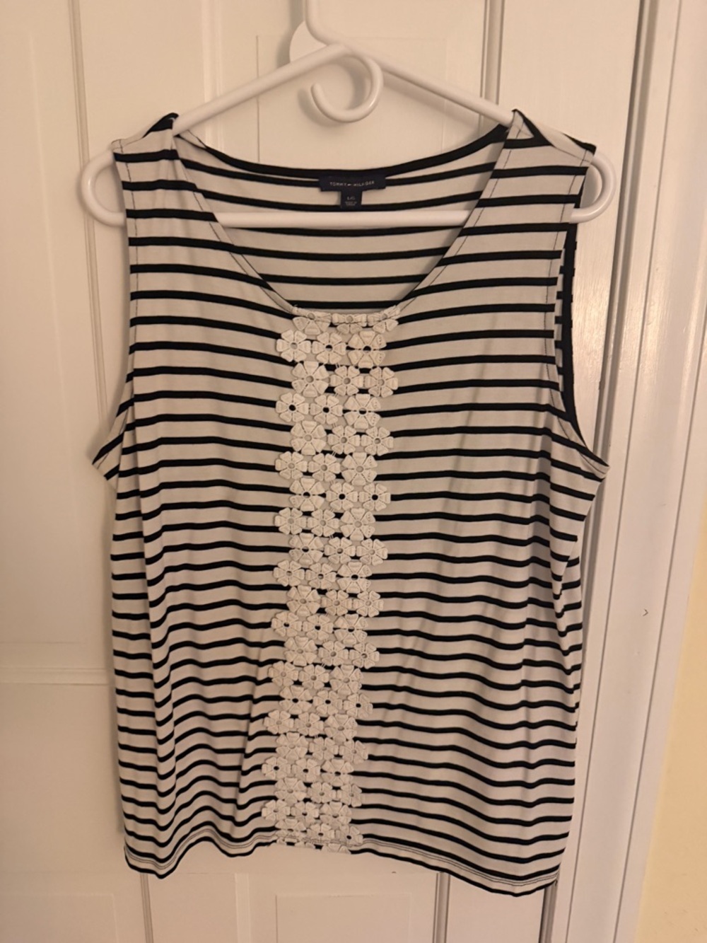 Tommy Hilfiger Black and White Striped Tank with Crochet Center